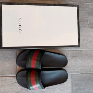 Gucci Black Slides with Red and Green Accents